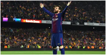 Lionel Messi celebrates after scoring his side's second goal during the La Liga match between Barcelona and Real Madrid at Camp Nou on May 6, 2018. Photo by David Ramos.