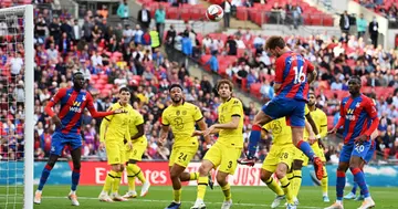 Joachim Andersen of Crystal Palace misses a chance during The FA Cup Semi-Final match between Chelsea and Crystal Palace at Wembley Stadium. Photo by Michael Regan.