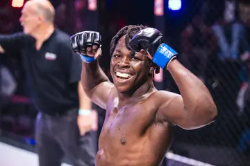 Humphrey Mulenga smiling after winning at EFC 105.