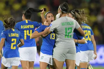 Brazil's players celebrate winning the Copa America Feminina after a 1-0 win over hosts Colombia