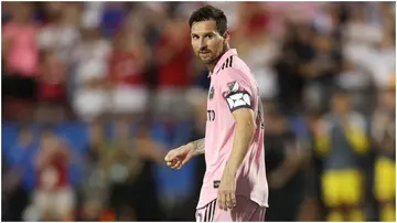 Lionel Messi celebrates after scoring during the round of 16 Leagues Cup football match between Inter Miami CF and FC Dallas at Toyota Stadium. Photo by Omar Vega.