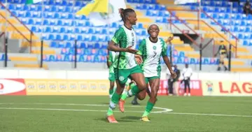 Super Falcons player Uche Kanu celebrates her goal against Ghana. SOURCE: Twitter/ @Naija_PR
