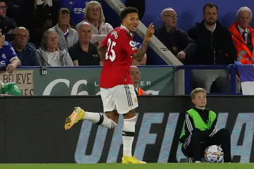 Manchester United's Jadon Sancho celebrates scoring against Leicester
