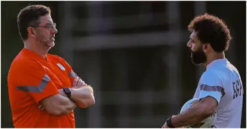 Mohamed Salah and Rui Vitoria share ideas during Egypt's national team training at AFCON 2023.