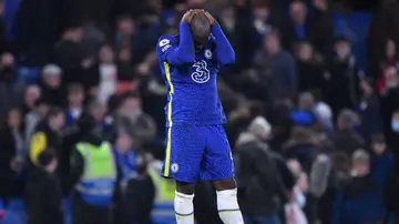 Romelu Lukaku cuts a dejected figure during the Premier League match between Chelsea and Brighton & Hove Albion at Stamford Bridge. Photo by Justin Setterfield.