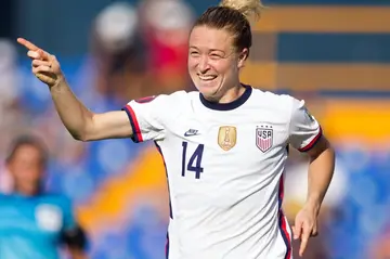 Emily Sonnett celebrates her opening goal for the USA in their victory over Costa Rica in the CONCACAF W Championship on Thursday