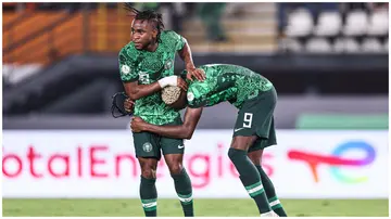Ademola Lookman and Victor Osimhen celebrate a goal vs Cameroon during the 2023 AFCON against Cameroon at the Felix Houphouet-Boigny Stadium in Abidjan on January 27, 2024. Photo: Franck Fife.