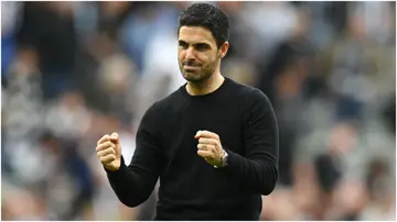Mikel Arteta celebrates following the Premier League match between Newcastle United and Arsenal at St. James Park. Photo by Michael Regan.
