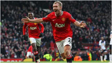 Paul Scholes celebrates after scoring during the Barclays Premier League match between Manchester United and Bolton Wanderers at Old Trafford. Photo by Alex Livesey.