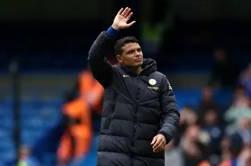 Thiago Silva applauds the Chelsea fans after his team's Premier League match against West Ham United at Stamford Bridge on May 5