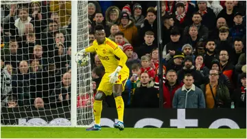 Andre Onana in action during the UEFA Champions League match between Manchester United and FC Bayern München at Old Trafford. Photo by Ash Donelon.