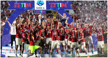 AC Milan players celebrate winning the Serie A trophy after their Serie A match against Sassuolo at Mapei Stadium-Citta del Tricolore. Photo by Luca Amedeo Bizzarri.