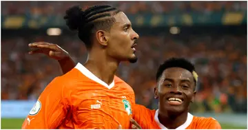 Ivory Coast's Sebastien Haller celebrates after netting the winner against Nigeria in the AFCON final.