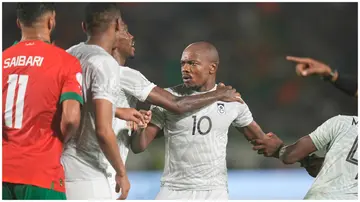 South Africa Percy Tau (centre) during the AFCON 2O23 round of 16 match against Morocco on January 30. Photo: Ulrik Pedersen.