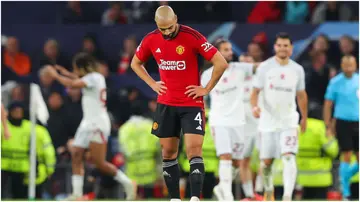 Sofyan Amrabat looks dejected during the UEFA Champions League match between Manchester United and Galatasaray at Old Trafford. Photo by James Gill.