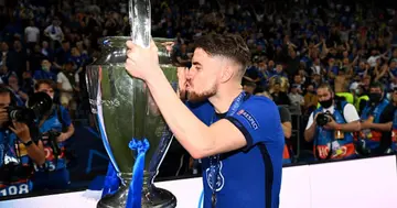 Jorginho of Chelsea celebrates with the Champions League Trophy during the UEFA Champions League Final between Manchester City and Chelsea FC at Estadio do Dragao on May 29, 2021 in Porto, Portugal. (Photo by Darren Walsh/Chelsea FC via Getty Images)
