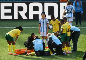 Banyana Banyana Refiloe Jane receives treatment after landing awkwardly.