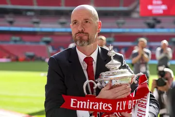Manchester United manager Erik ten Hag with the FA Cup after his sides 2-1 win over Manchester City at Wembley Stadium