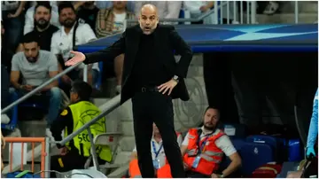 Pep Guardiola reacts during the UEFA Champions League semi-final first-leg match between Real Madrid and Manchester City FC at Estadio Santiago Bernabeu. Photo by Jose Breton.