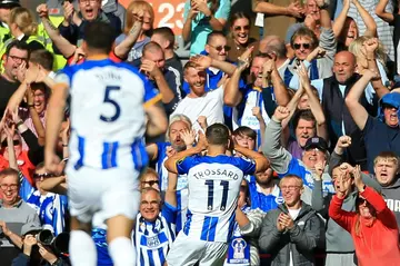 Leandro Trossard (centre) scored a hat-trick for Brighton in a 3-3 draw at Liverpool
