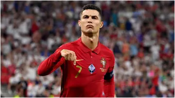 Cristiano Ronaldo celebrates after scoring during the UEFA Euro 2020 Championship Group F match between Portugal and France at Puskas Arena. Photo by Tibor Illyes.