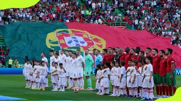 Portugal and Czech Republic players line up ahead of their UEFA Nations League match at Estadio Jose Alvalade
