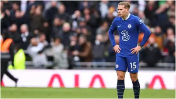 Mykhailo Mudryk looks dejected at full time of the Premier League match between Tottenham Hotspur and Chelsea FC. Photo by Robbie Jay Barratt.