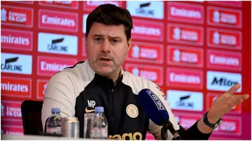 Mauricio Pochettino speaks during a press conference at Chelsea Training Ground. Photo by Darren Walsh.