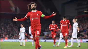 Mohamed Salah celebrates after scoring during the UEFA Europa League Group E match between Liverpool FC and LASK at Anfield. Photo by Simon Stacpoole.