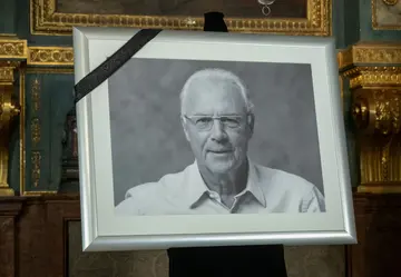 A black and white picture of German football legend Franz Beckenbauer is on display at the Hofkapelle in Munich