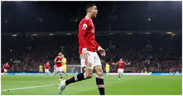 Cristiano Ronaldo celebrates his side's second goal which is later disallowed by VAR during the Premier League match between Man United and Brentford. Photo by Naomi Baker.
