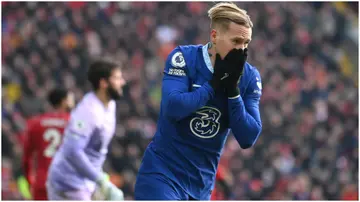 Mykhailo Mudryk reacts after a missed chance during the Premier League match between Liverpool FC and Chelsea FC at Anfield. Photo by Laurence Griffiths.