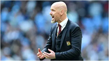Erik ten Hag reacts in the penalty shootout during the Emirates FA Cup semi-final match between Coventry City and Manchester United at Wembley Stadium. Photo by Michael Regan.