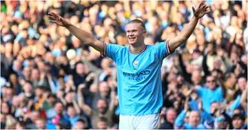 Erling Haaland of Manchester City celebrates scoring a goal to make it 3-0 during the Premier League match between Manchester City and Leicester City at Etihad. Photo by Michael Regan.