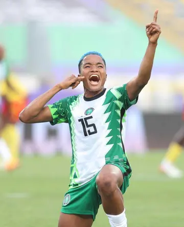 Super Falcons' Rasheedat Ajibade celebrates a goal for Nigeria at WAFCON