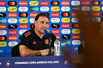 Columbia coach Nestor Lorenzo talks to media ahead of the Copa America final against Argentina.