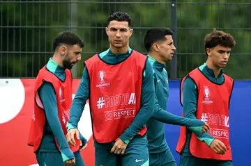 Cristiano Ronaldo (2nd left) trains with his Portugal teammates in Germany on Thursday