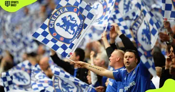 Chelsea fans wave flags.