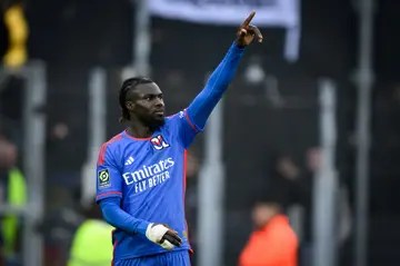 Mama Balde celebrates after scoring his first goal for Lyon
