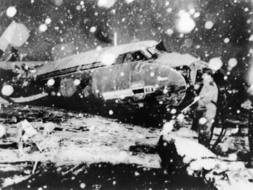 The wrecked jet lies at Munich airport after the crash that destroyed Manchester United's 'Busby Babes'