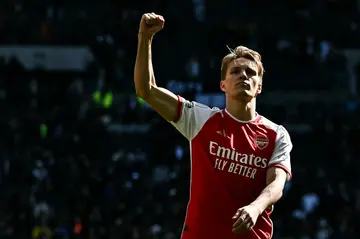 Arsenal midfielder Martin Odegaard celebrates his side's 3-2 win at Tottenham
