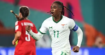 Zambian captain Barbra Banda celebrates after scoring.