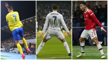 Cristiano Ronaldo performing the 'Siuuu' celebration for Al-Nassr, Real Madrid, and Manchester United as the style turns 10 years old.