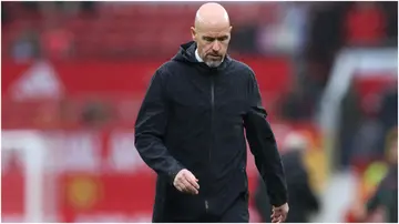 Erik ten Hag looks dejected at full-time following their Premier League match between Manchester United and Crystal Palace at Old Trafford. Photo by Alex Livesey.