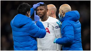 Tottenham's Emerson Royal being checked for concussion signs vs Manchester City at the Etihad Stadium on February 19, 2022. Photo: Visionhaus.