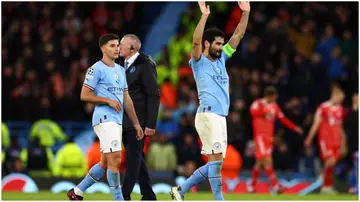 Ilkay Gundogan waves to the supporters at full-time following the UEFA Champions League quarter-final match between Manchester City and Bayern Münich. Photo by Chris Brunskill.