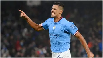 Rodri celebrates after scoring during the UEFA Champions League quarterfinal match between Manchester City and FC Bayern München at Etihad Stadium. Photo by Shaun Botterill.