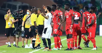 Guinea-Bissau stars Sori Mane (C) and defender Opa Sangate (C-R) react at the end of the Group D AFCON match between Guinea-Bissau and Egypt at Stade Roumde Adjia in Garoua on January 15, 2022. (Photo by Daniel BELOUMOU.