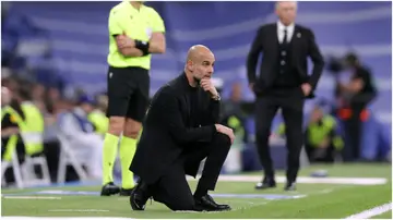 Pep Guardiola reacts during the UEFA Champions League semi-final first leg match between Real Madrid and Manchester City FC at Estadio Santiago Bernabeu on May 09, 2023 in Madrid, Spain. Photo by Gonzalo Arroyo