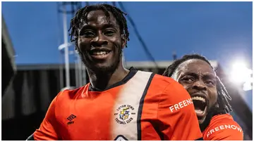 Elijah Adebayo celebrates scoring his side's first goal during the Premier League match between Luton Town and Everton FC at Kenilworth Road on Friday, May 3. Photo: Andrew Kearns.